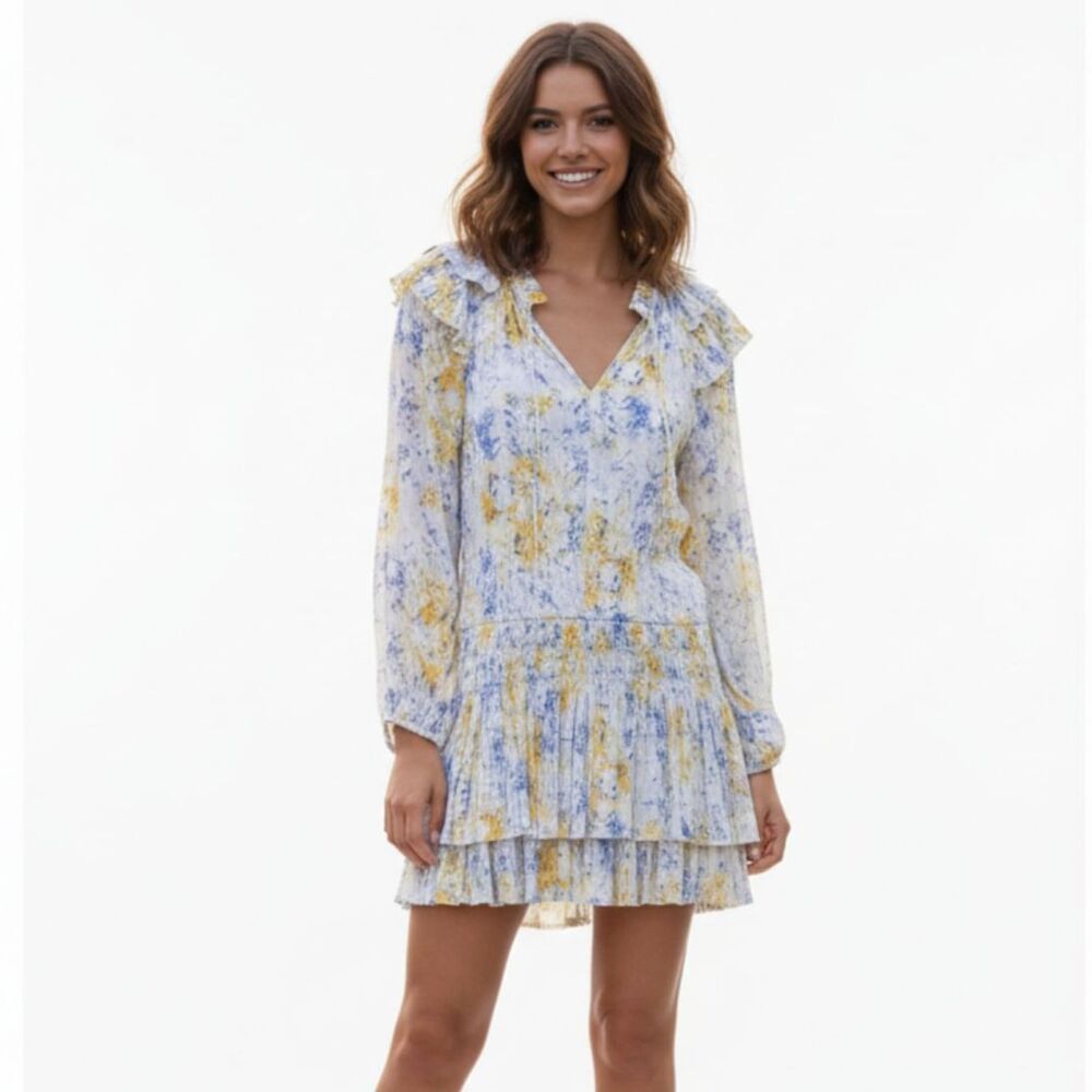 NWT Anthropologie Current Air Dress Women's Size M Blue Yellow Long Sleeve Boho